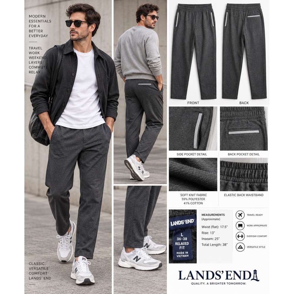 Lands' End Men's L 36-38 Gray Tapered Jogger Pants Relaxed Fit Scandi Travel